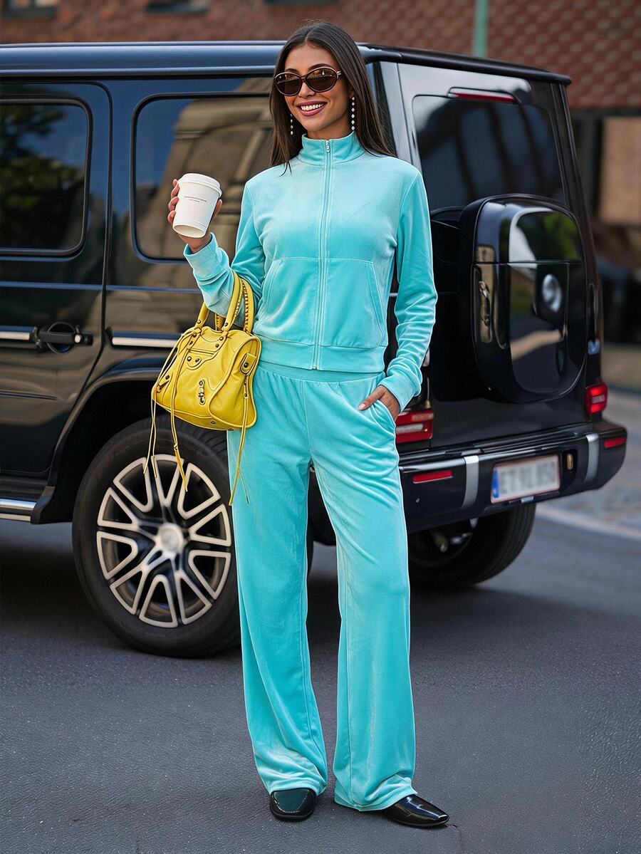 Muchica Women's Solid Color Long Sleeve Zip-Up Hoodie And Pants Casual 2 Pieces Set - Pink - View 1