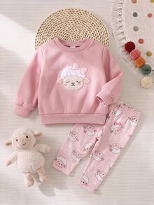 SHEIN Playful Pals 2件組幼兒女嬰運動衫長褲套裝，可愛甜美粉色羊羔刺繡蝴蝶結印花，長袖圓領，休閒舒適，適合生日派對、秋季慢跑，羅紋設計 - 粉色 - 查看 4
