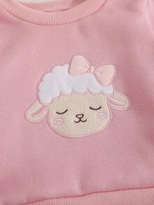 SHEIN Playful Pals 2件組幼兒女嬰運動衫長褲套裝，可愛甜美粉色羊羔刺繡蝴蝶結印花，長袖圓領，休閒舒適，適合生日派對、秋季慢跑，羅紋設計 - 粉色 - 查看 5