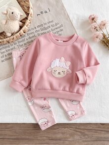 SHEIN Playful Pals 2件組幼兒女嬰運動衫長褲套裝，可愛甜美粉色羊羔刺繡蝴蝶結印花，長袖圓領，休閒舒適，適合生日派對、秋季慢跑，羅紋設計 - 粉色 - 查看 3