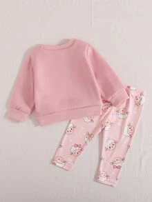 SHEIN Playful Pals 2件組幼兒女嬰運動衫長褲套裝，可愛甜美粉色羊羔刺繡蝴蝶結印花，長袖圓領，休閒舒適，適合生日派對、秋季慢跑，羅紋設計 - 粉色 - 查看 2