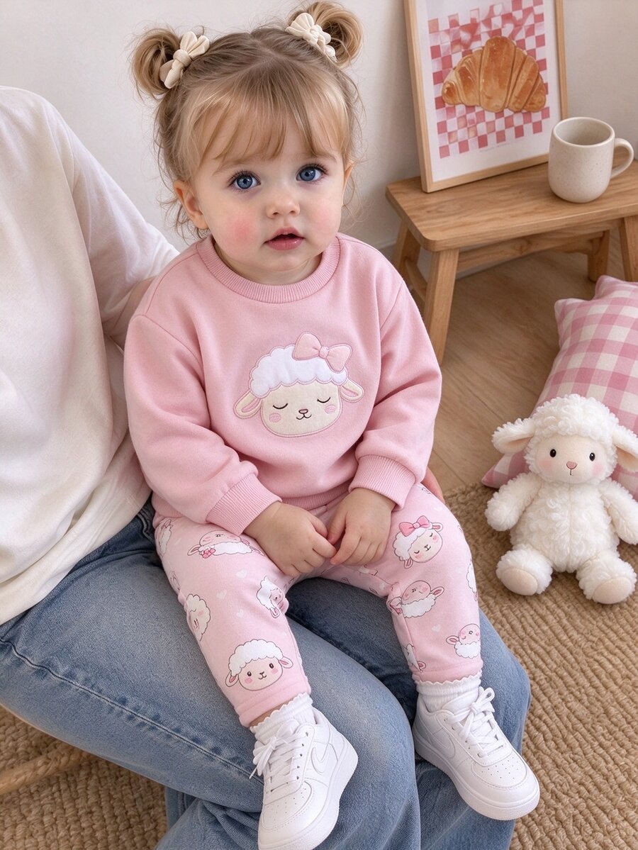SHEIN Playful Pals 2件組幼兒女嬰運動衫長褲套裝,可愛甜美粉色羊羔刺繡蝴蝶結印花,長袖圓領,休閒舒適,適合生日派對、秋季慢跑,羅紋設計 - 粉色 - 查看 1