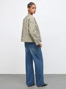 Maija Sage Green Fall/ Women's Embroidered Wool Jacket With Pleated Hem, Urban Elegant Casual Holiday Style Everyday Party - Army Green - View 7