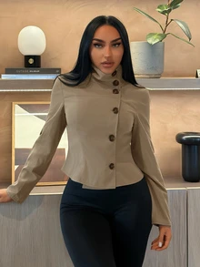 SHEIN SXY Women's Solid Color Casual Versatile Daily Long Sleeve Jacket - Khaki - View 3