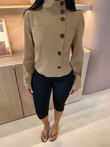 SHEIN SXY Women's Solid Color Casual Versatile Daily Long Sleeve Jacket - Khaki - View 4
