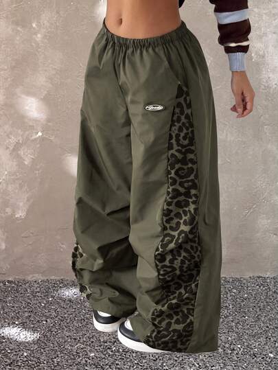 Kids Tween Girls' Summer Streetwear Preppy Game Day Vintage Hippie Leopard Patchwork Black Baggy Parachute Pants