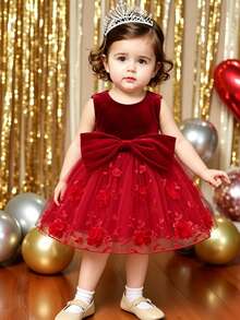 SHEIN Glamorique Kids 女嬰公主洋裝，深紅色 3D 刺繡網紗，大蝴蝶結，生日晚餐派對花童，婚禮節日，無袖，聖誕夏季優雅 - 紅色 - 查看 6