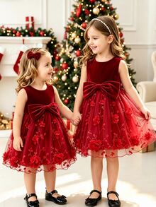 SHEIN Glamorique Kids 女嬰公主洋裝，深紅色 3D 刺繡網紗，大蝴蝶結，生日晚餐派對花童，婚禮節日，無袖，聖誕夏季優雅 - 紅色 - 查看 5