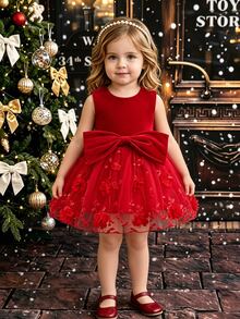 SHEIN Glamorique Kids 女嬰公主洋裝，深紅色 3D 刺繡網紗，大蝴蝶結，生日晚餐派對花童，婚禮節日，無袖，聖誕夏季優雅 - 紅色 - 查看 3
