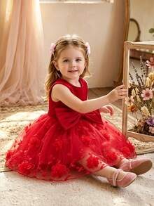 SHEIN Glamorique Kids 女嬰公主洋裝，深紅色 3D 刺繡網紗，大蝴蝶結，生日晚餐派對花童，婚禮節日，無袖，聖誕夏季優雅 - 紅色 - 查看 2