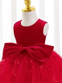 SHEIN Glamorique Kids 女嬰公主洋裝，深紅色 3D 刺繡網紗，大蝴蝶結，生日晚餐派對花童，婚禮節日，無袖，聖誕夏季優雅 - 紅色 - 查看 9