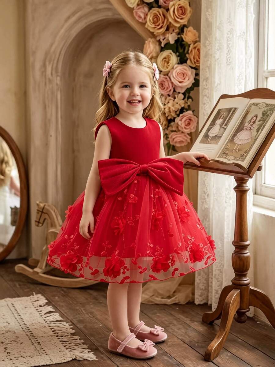 SHEIN Glamorique Kids 女嬰公主洋裝，深紅色 3D 刺繡網紗，大蝴蝶結，生日晚餐派對花童，婚禮節日，無袖，聖誕夏季優雅 - 紅色 - 查看 1