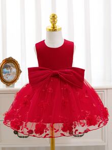 SHEIN Glamorique Kids 女嬰公主洋裝，深紅色 3D 刺繡網紗，大蝴蝶結，生日晚餐派對花童，婚禮節日，無袖，聖誕夏季優雅 - 紅色 - 查看 8