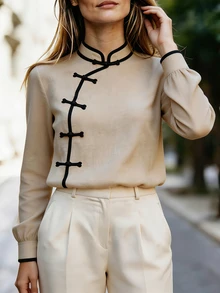 Balvessa Women's Casual New Chinese Style Frog Button Design Contrast Trim Long Sleeve Shirt - Khaki - View 4