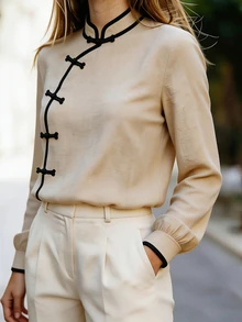 Balvessa Women's Casual New Chinese Style Frog Button Design Contrast Trim Long Sleeve Shirt - Khaki - View 5