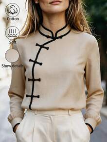 Balvessa Women's Casual New Chinese Style Frog Button Design Contrast Trim Long Sleeve Shirt - Khaki - View 1
