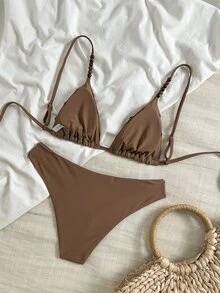 SHEIN Swim Women's Handmade Beaded Retro Triangle Bikini Set,Coffee Brown Brazilian Bathing Suit,Shell Decor,Summer Casual Beach Holiday Vacation Holiday - Coffee Brown - View 5