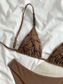 SHEIN Swim Women's Handmade Beaded Retro Triangle Bikini Set,Coffee Brown Brazilian Bathing Suit,Shell Decor,Summer Casual Beach Holiday Vacation Holiday - Coffee Brown - View 4