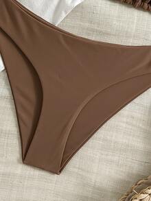 SHEIN Swim Women's Handmade Beaded Retro Triangle Bikini Set,Coffee Brown Brazilian Bathing Suit,Shell Decor,Summer Casual Beach Holiday Vacation Holiday - Coffee Brown - View 3