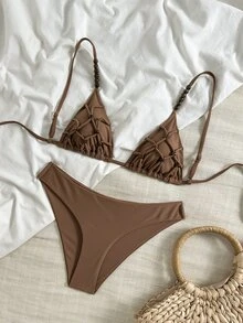 SHEIN Swim Women's Handmade Beaded Retro Triangle Bikini Set,Coffee Brown Brazilian Bathing Suit,Shell Decor,Summer Casual Beach Holiday Vacation Holiday - Coffee Brown - View 2