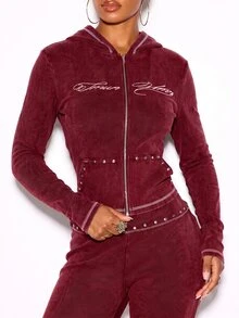 SUMWON WOMEN Zip-Up Cropped Hoodie With Script Embroidery Studded Hem And Contrast Stitching Ribbed Long Sleeve Tracksuit Top - Burgundy - View 2