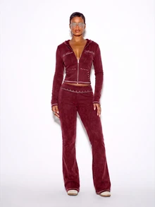 SUMWON WOMEN Zip-Up Cropped Hoodie With Script Embroidery Studded Hem And Contrast Stitching Ribbed Long Sleeve Tracksuit Top - Burgundy - View 3