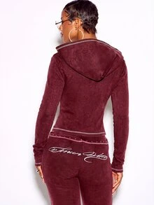 SUMWON WOMEN Zip-Up Cropped Hoodie With Script Embroidery Studded Hem And Contrast Stitching Ribbed Long Sleeve Tracksuit Top - Burgundy - View 5
