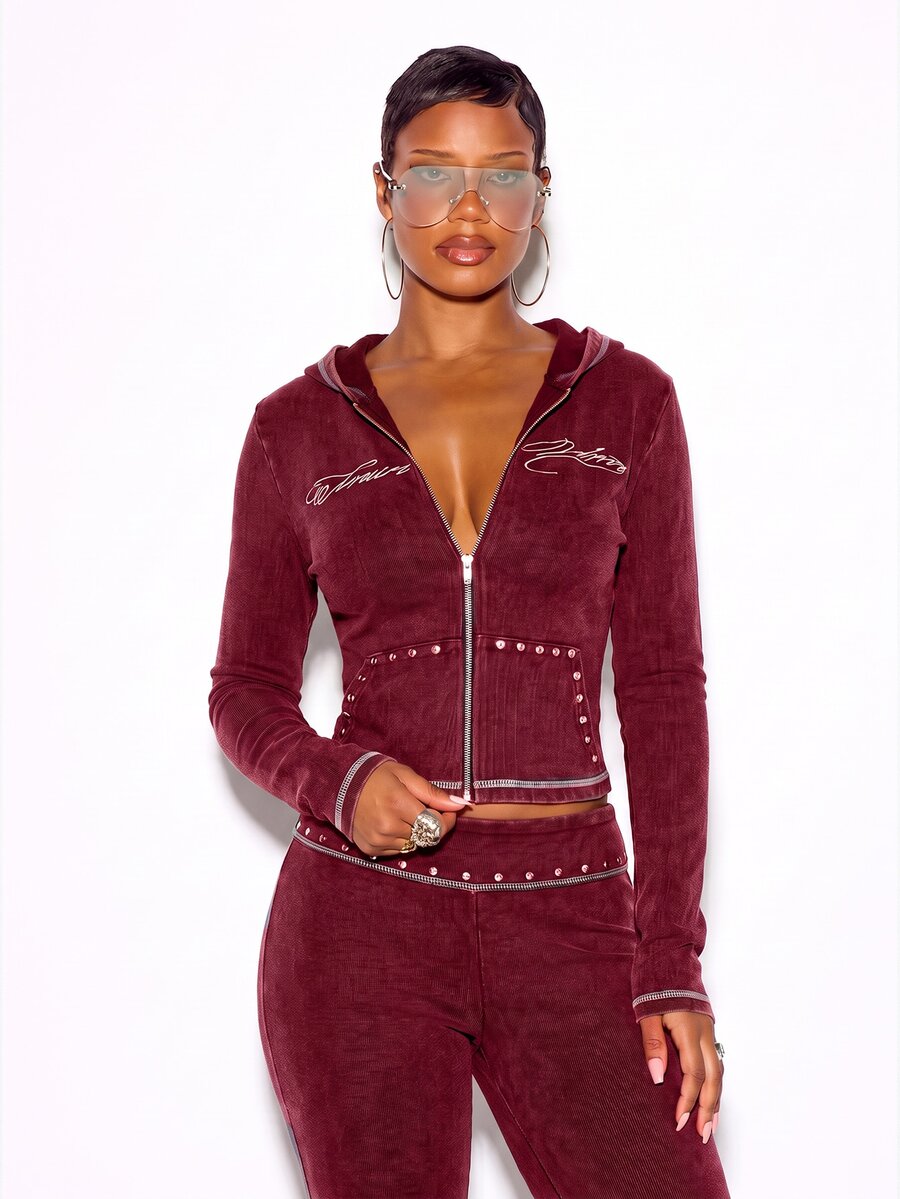 SUMWON WOMEN Zip-Up Cropped Hoodie With Script Embroidery Studded Hem And Contrast Stitching Ribbed Long Sleeve Tracksuit Top - Burgundy - View 1