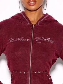 SUMWON WOMEN Zip-Up Cropped Hoodie With Script Embroidery Studded Hem And Contrast Stitching Ribbed Long Sleeve Tracksuit Top - Burgundy - View 4