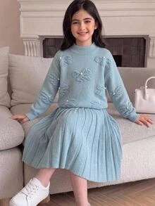 SHEIN Tween Girl 秋/冬款加厚抓絨內裡毛絨蝴蝶結提花優雅綴珠寬鬆長袖套頭毛衣與荷葉邊針織裙套裝，淺藍色 - 淺藍色 - 查看 8