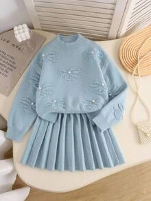 SHEIN Tween Girl 秋/冬款加厚抓絨內裡毛絨蝴蝶結提花優雅綴珠寬鬆長袖套頭毛衣與荷葉邊針織裙套裝，淺藍色 - 淺藍色 - 查看 1