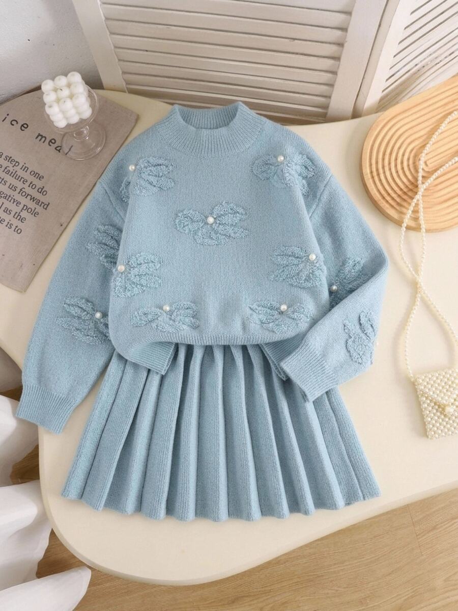 SHEIN Tween Girl 秋/冬款加厚抓絨內裡毛絨蝴蝶結提花優雅綴珠寬鬆長袖套頭毛衣與荷葉邊針織裙套裝,淺藍色 - 淺藍色 - 查看 1