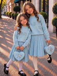 SHEIN Tween Girl 秋/冬款加厚抓絨內裡毛絨蝴蝶結提花優雅綴珠寬鬆長袖套頭毛衣與荷葉邊針織裙套裝，淺藍色 - 淺藍色 - 查看 7