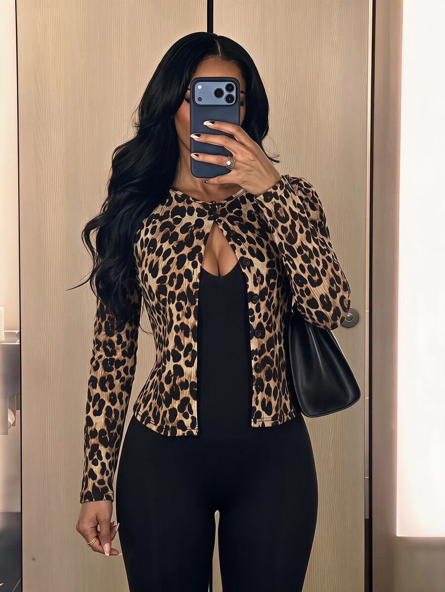 SHEIN SXY Women's Leopard Print Long Sleeve Single-Breasted Fashion Regular Fit Jacket - Multicolor - View 1