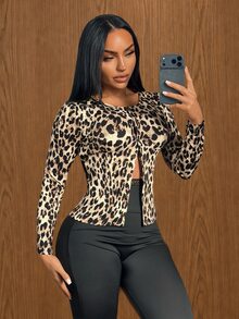 SHEIN SXY Women's Leopard Print Long Sleeve Single-Breasted Fashion Regular Fit Jacket - Multicolor - View 8
