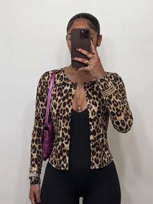 SHEIN SXY Women's Leopard Print Long Sleeve Single-Breasted Fashion Regular Fit Jacket - Multicolor - View 3