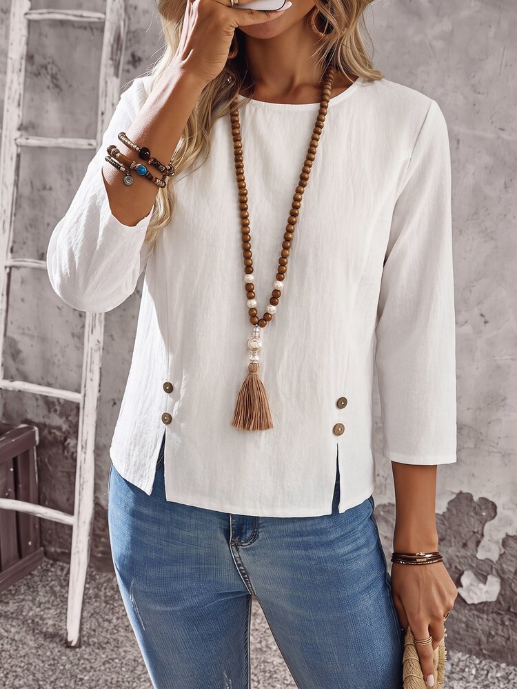 EMERY ROSE Women's Round Neck 3/4 Sleeve Button-Down Hem Design 100 Cotton Linen Casual Boho Shirt Blouses Brunch Vacation White Autumn - White - View 6