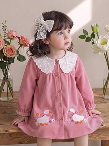 SHEIN Baby Girl Peter Pan Collar Patchwork Button-Front Cute Duck Embroidery Pattern Long Sleeve Loose Corduroy Autumn Dress Suitable For Winter - Pink - View 1