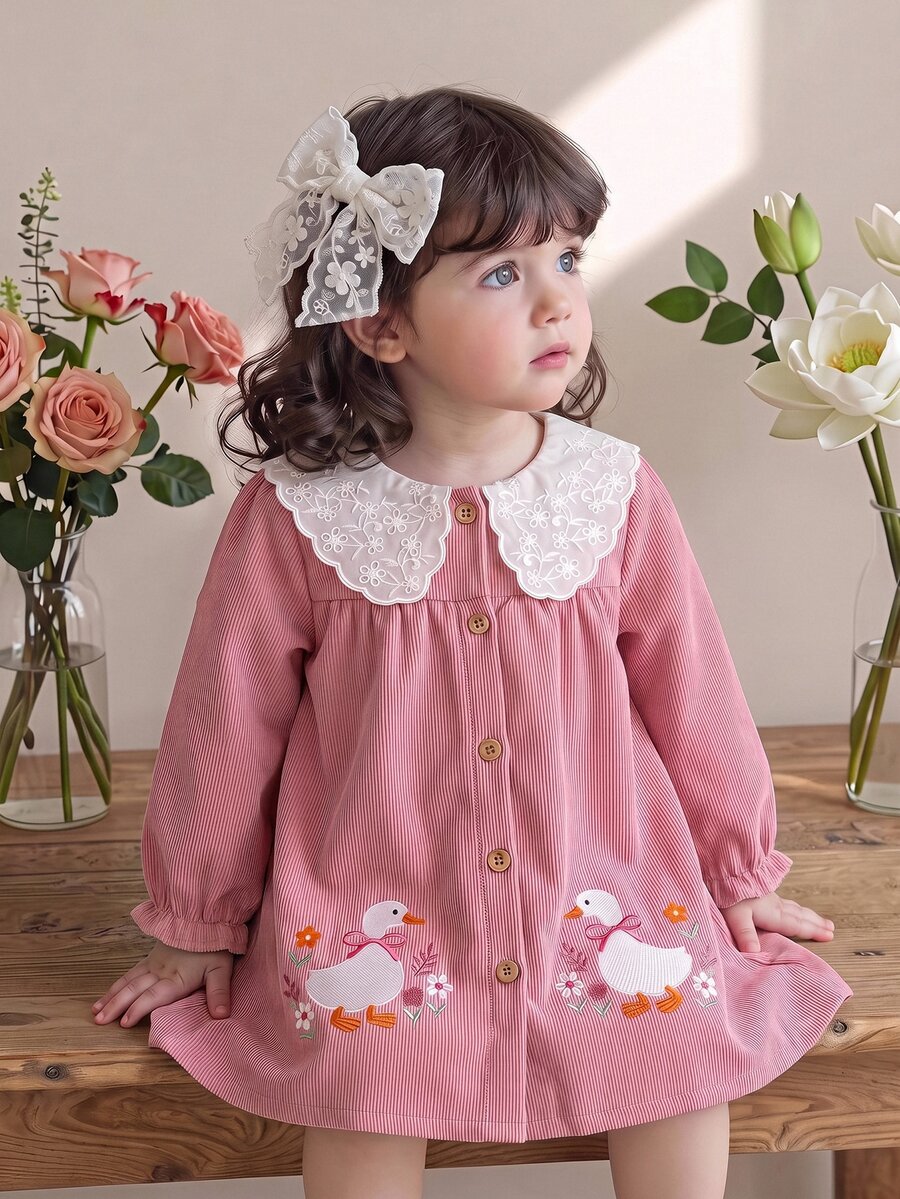 SHEIN Baby Girl Peter Pan Collar Patchwork Button-Front Cute Duck Embroidery Pattern Long Sleeve Loose Corduroy Autumn Dress Suitable For Winter - Pink - View 1