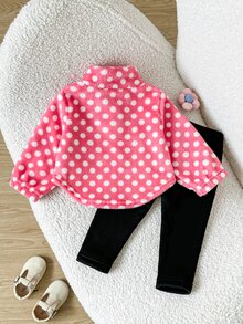 SHEIN 2件組幼女套頭上衣與長褲套裝，可愛甜美粉黑波點毛絨半拉鍊長袖小立領加厚戶外冬季聖誕 Navidad 外套 - 粉色 - 查看 2