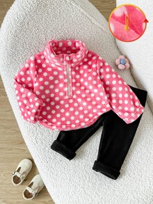 SHEIN 2件組幼女套頭上衣與長褲套裝，可愛甜美粉黑波點毛絨半拉鍊長袖小立領加厚戶外冬季聖誕 Navidad 外套 - 粉色 - 查看 3