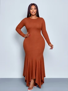 SOLERSUN Plus Size Women's Fashion Solid Color Wide Ribbed Long Sleeve Knit Mermaid Dress, Round Neck Slim Fit Asymmetrical Handkerchief Hemline Fall Brown - Rust Brown - View 7
