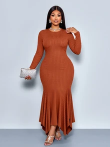 SOLERSUN Plus Size Women's Fashion Solid Color Wide Ribbed Long Sleeve Knit Mermaid Dress, Round Neck Slim Fit Asymmetrical Handkerchief Hemline Fall Brown - Rust Brown - View 4
