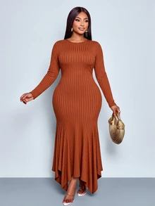 SOLERSUN Plus Size Women's Fashion Solid Color Wide Ribbed Long Sleeve Knit Mermaid Dress, Round Neck Slim Fit Asymmetrical Handkerchief Hemline Fall Brown - Rust Brown - View 2