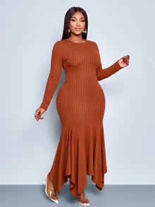 SOLERSUN Plus Size Women's Fashion Solid Color Wide Ribbed Long Sleeve Knit Mermaid Dress, Round Neck Slim Fit Asymmetrical Handkerchief Hemline Fall Brown - Rust Brown - View 5