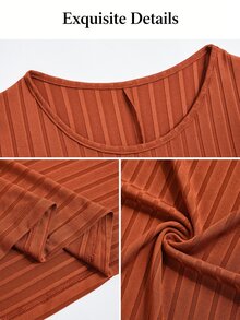 SOLERSUN Plus Size Women's Fashion Solid Color Wide Ribbed Long Sleeve Knit Mermaid Dress, Round Neck Slim Fit Asymmetrical Handkerchief Hemline Fall Brown - Rust Brown - View 8