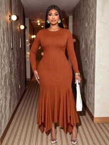 SOLERSUN Plus Size Women's Fashion Solid Color Wide Ribbed Long Sleeve Knit Mermaid Dress, Round Neck Slim Fit Asymmetrical Handkerchief Hemline Fall Brown - Rust Brown - View 3