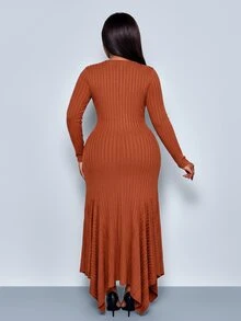 SOLERSUN Plus Size Women's Fashion Solid Color Wide Ribbed Long Sleeve Knit Mermaid Dress, Round Neck Slim Fit Asymmetrical Handkerchief Hemline Fall Brown - Rust Brown - View 6