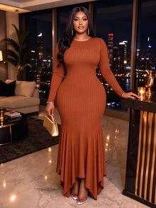 SOLERSUN Plus Size Women's Fashion Solid Color Wide Ribbed Long Sleeve Knit Mermaid Dress, Round Neck Slim Fit Asymmetrical Handkerchief Hemline Fall Brown - Rust Brown - View 1