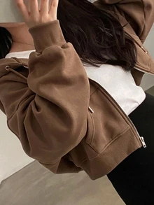 DAZY Women's Solid Color Zip-Up Hooded Short Fleece Sweatshirt - Khaki - View 4